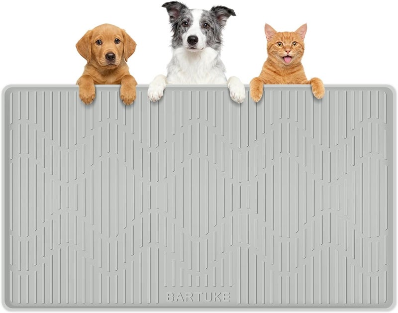 Bartuke Silicone Cat & Dog Food Mat, 34" x 20" Large Pet Feeding Mat for Cats and Dogs Bowl, Pet Placemat for Food and Water with Raised Edge, Waterproof, Leakproof (Grey) - Image 1